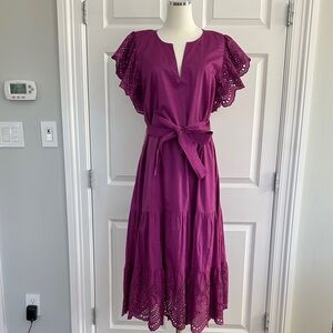 Rails Gia Eyelet Embroidered Cotton Berry Fuchsia Flutter Sleeves Dress Size L